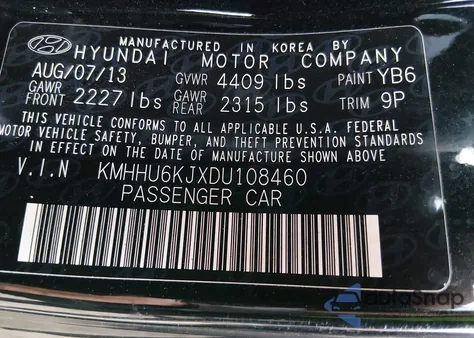 2013 Hyundai Genesis 3.8 Track z USA, uszkodzony, nr VIN KMHHU6KJXDU108460